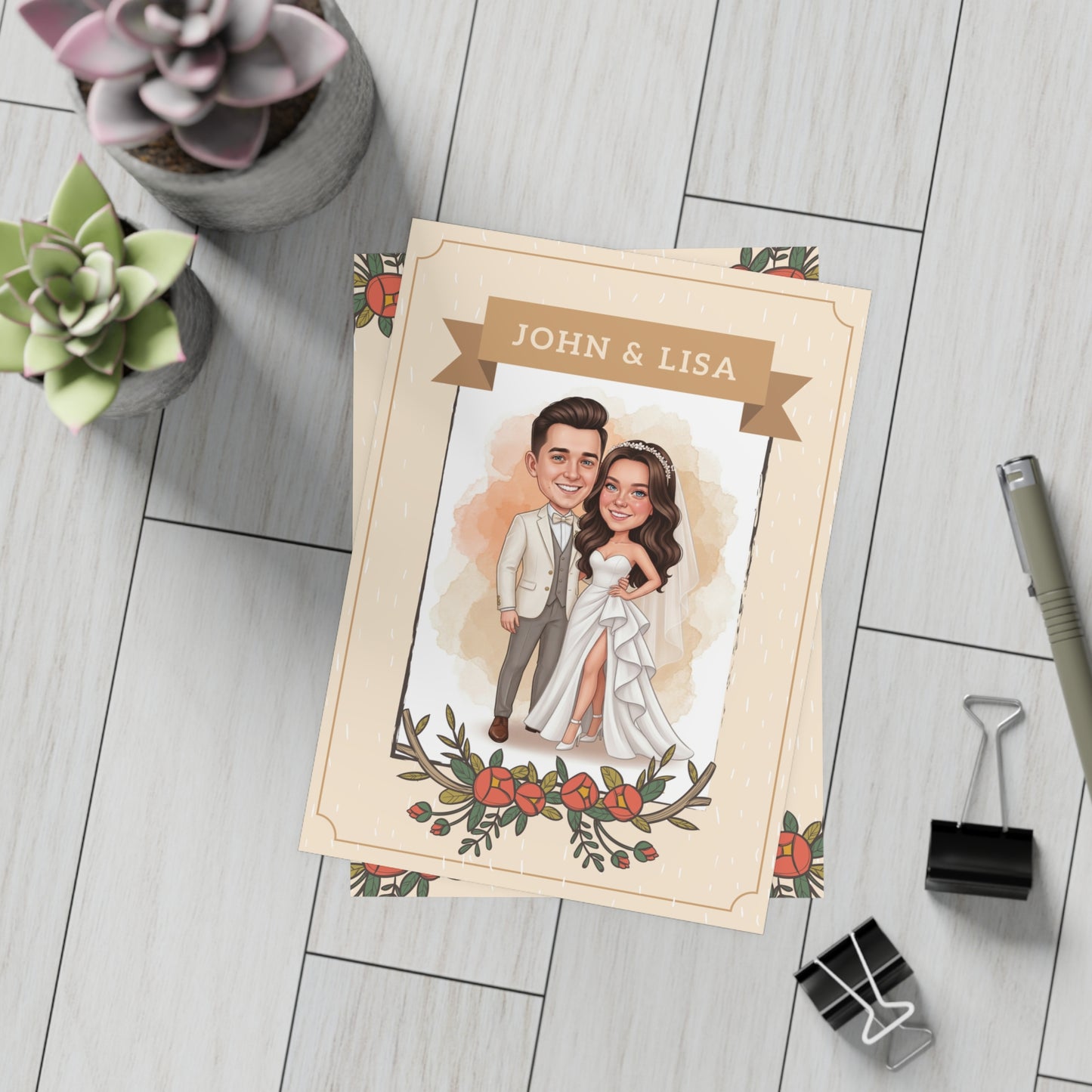 Personalized wedding invitation, bride and groom with watercolor effect
