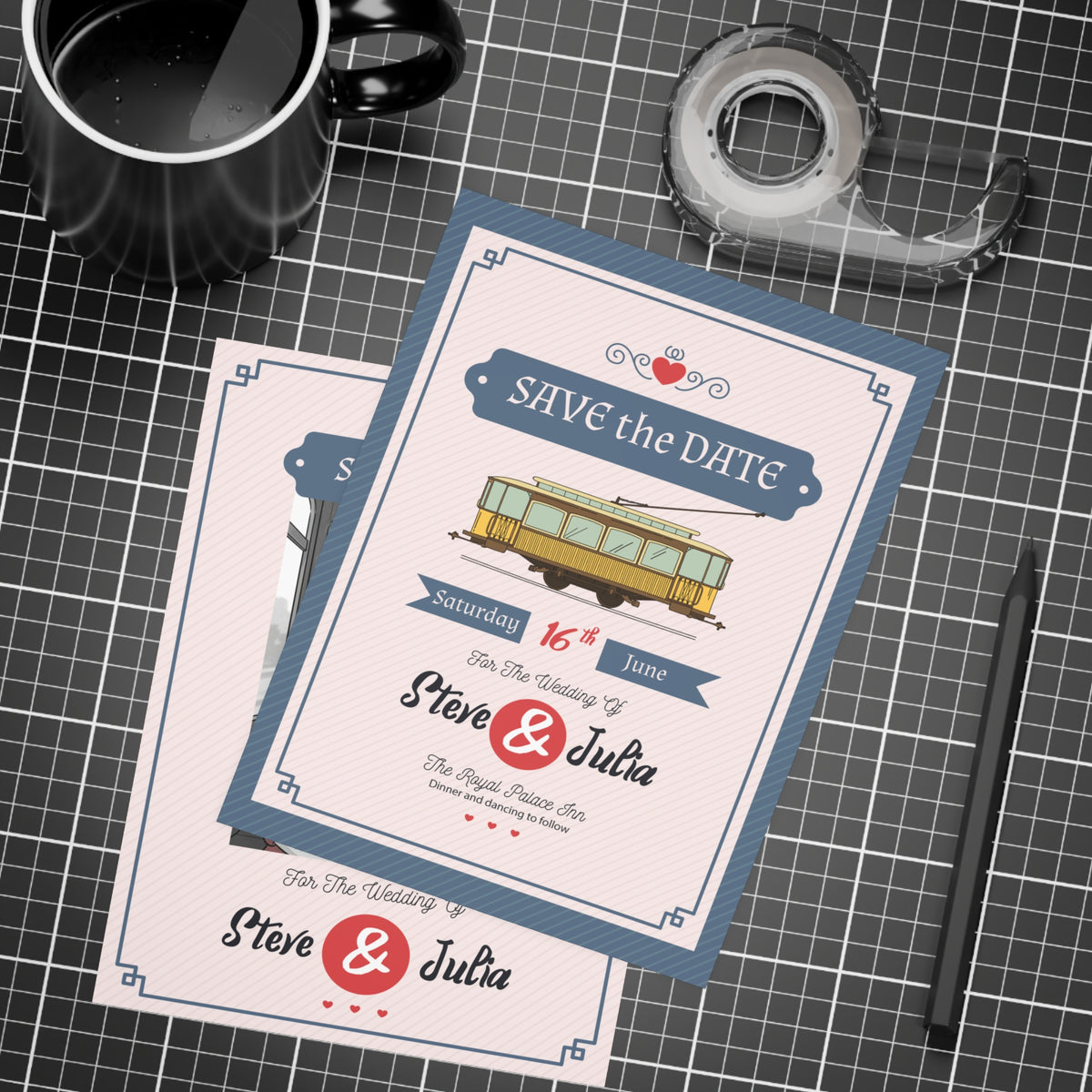 Personalized wedding invitation, bride and groom on a tram