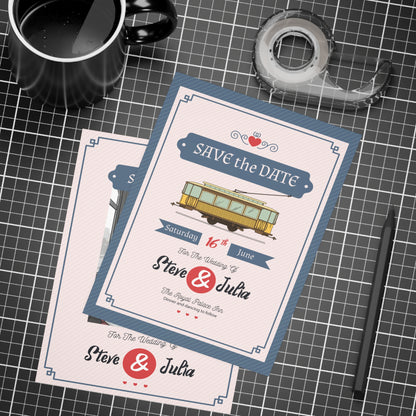 Personalized wedding invitation, bride and groom on a tram