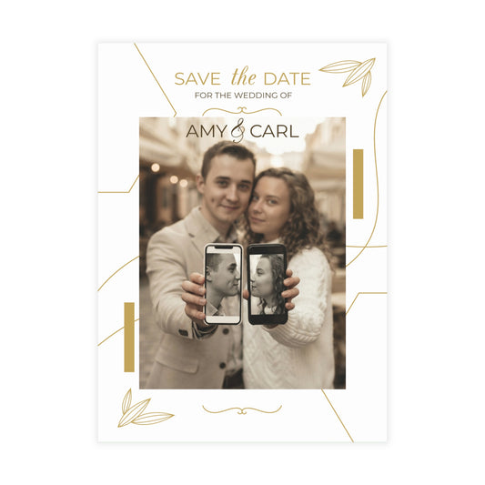 Personalized wedding invitation, bride and groom taking selfies with their phones