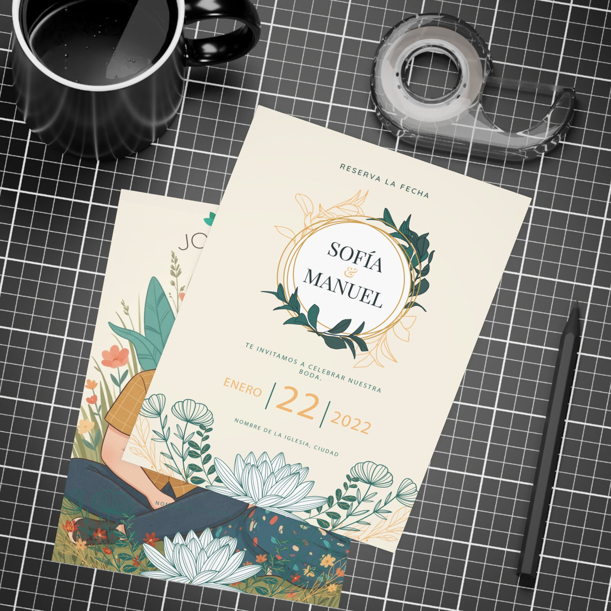 Personalized wedding invitation, bride and groom having a picnic