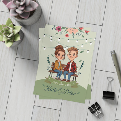 Personalized wedding invitation, bride and groom sitting on a bench