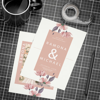Personalized wedding invitation, bride and groom holding a bouquet of flowers