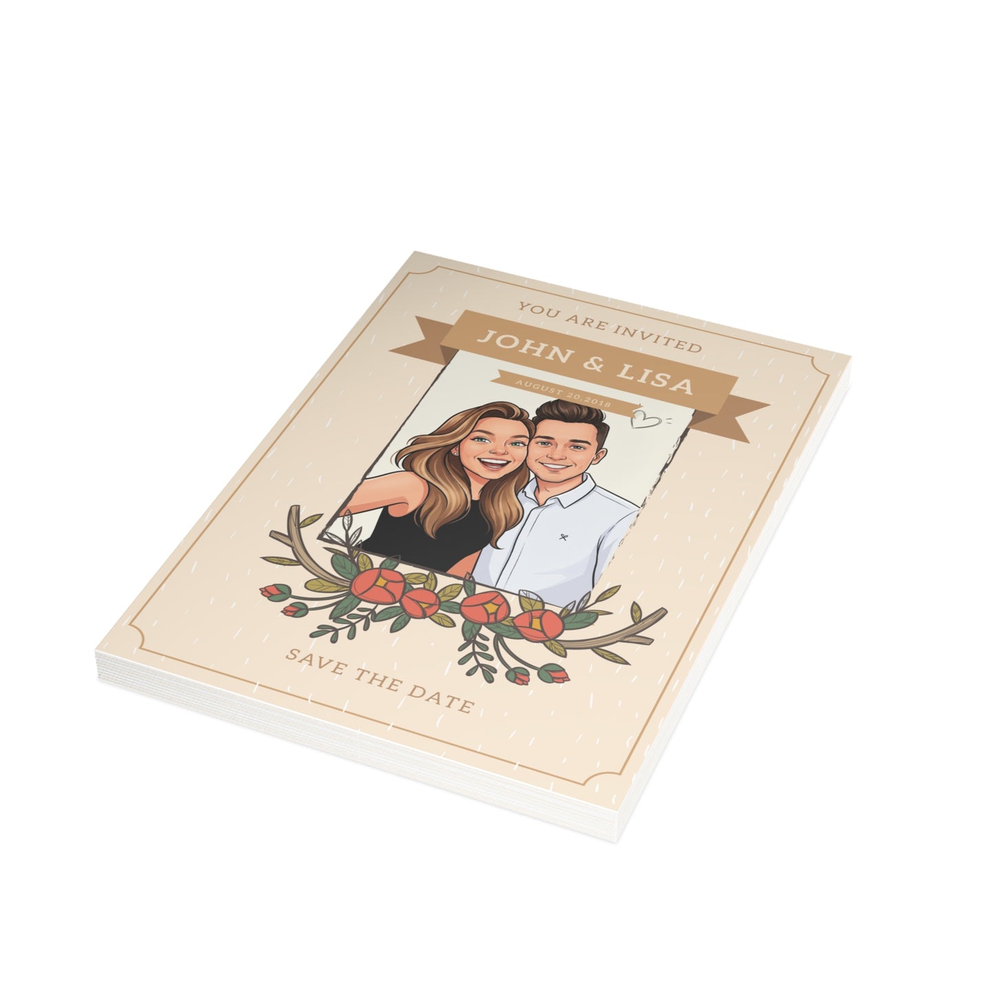 Personalized wedding invitation, bride and groom taking selfies