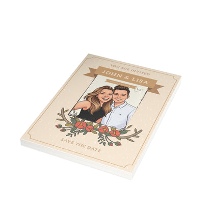 Personalized wedding invitation, bride and groom taking selfies