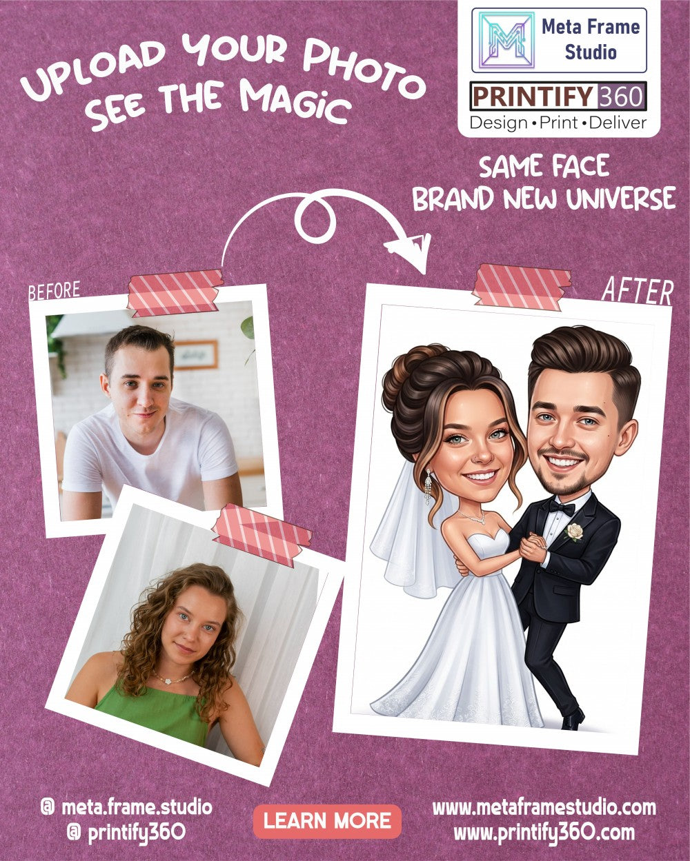 Personalized wedding invitation, caricature of bride and groom