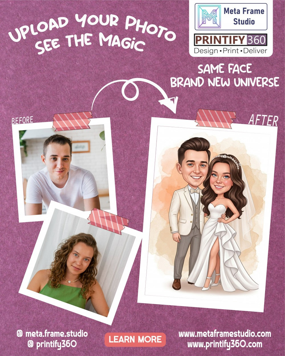 Personalized wedding invitation, bride and groom with watercolor effect