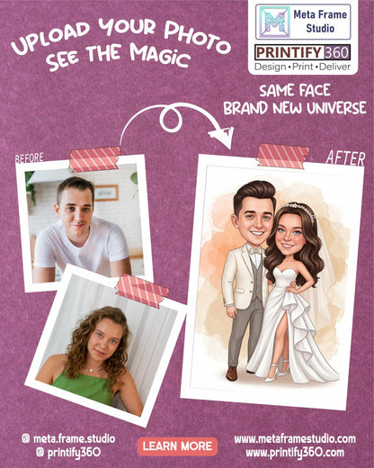 Personalized wedding invitation, bride and groom with watercolor effect