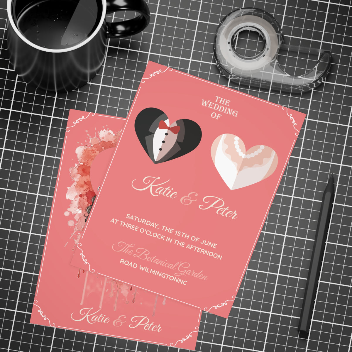 Personalized wedding invitation, bride and groom inside a heart