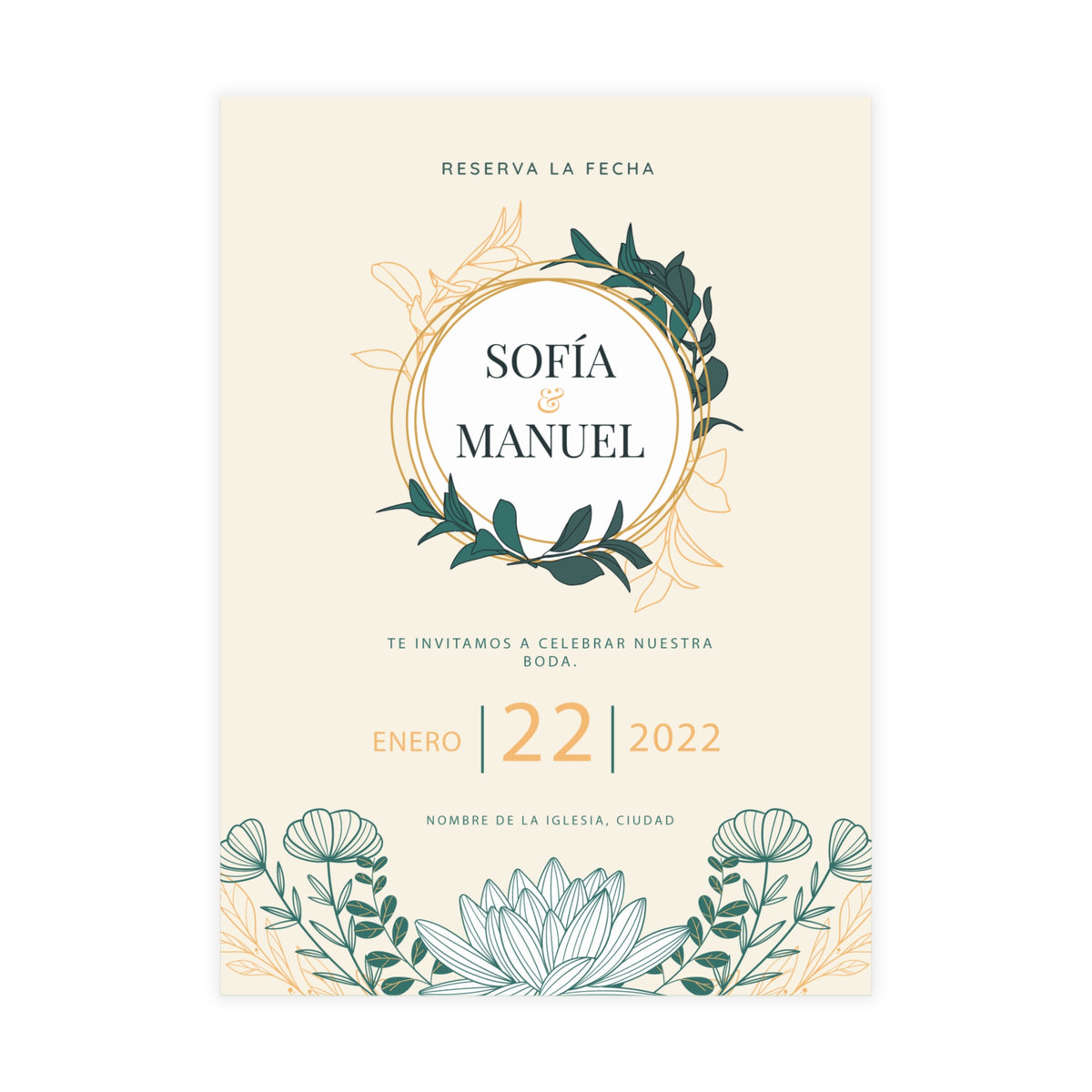 Personalized wedding invitation, bride and groom having a picnic