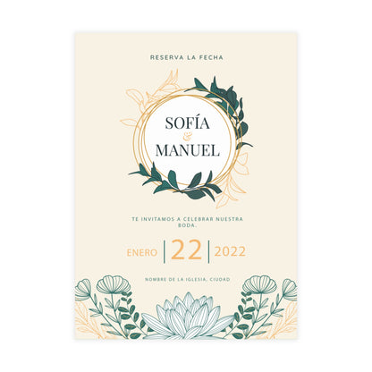 Personalized wedding invitation, bride and groom having a picnic