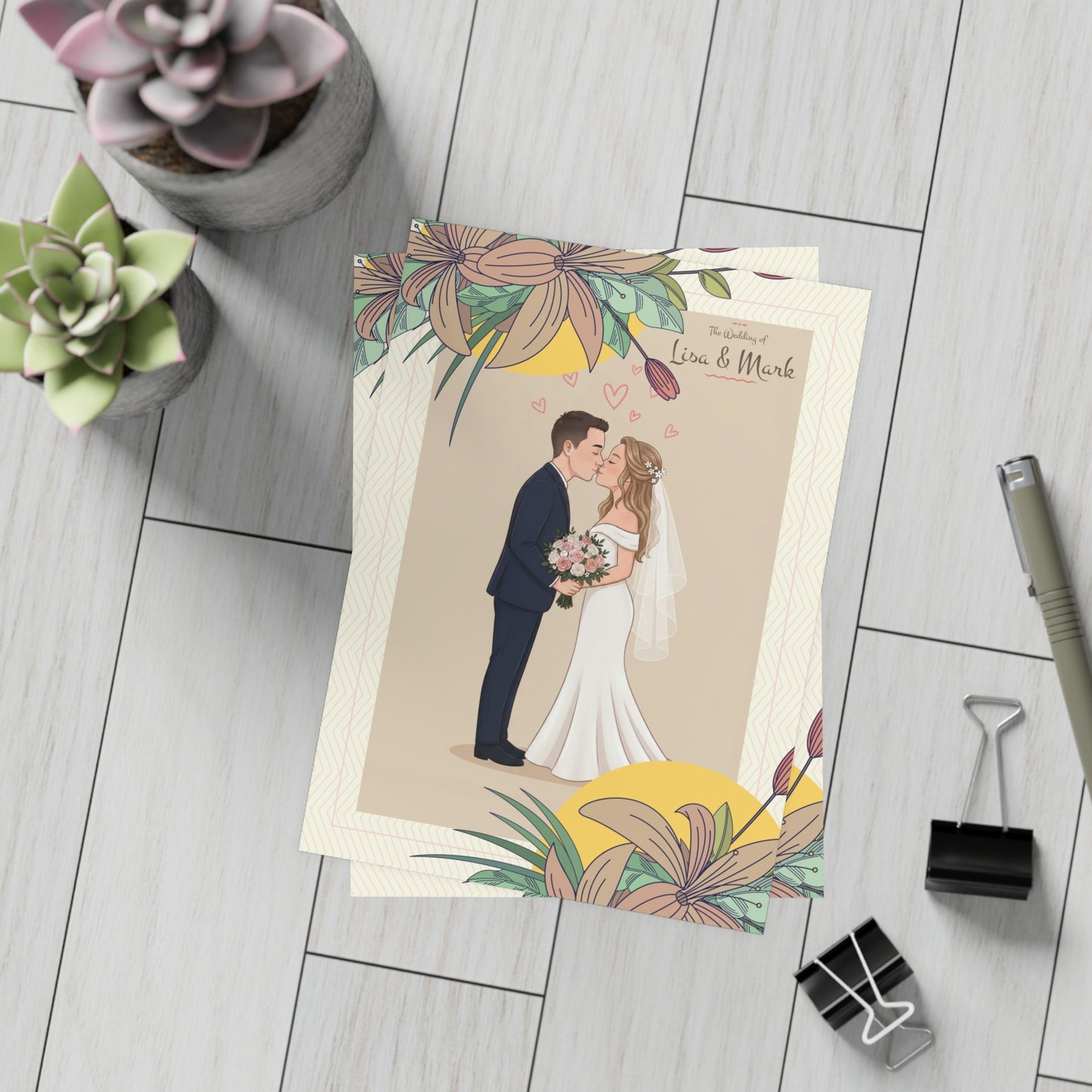 Personalized wedding invitation, kissing bride and groom