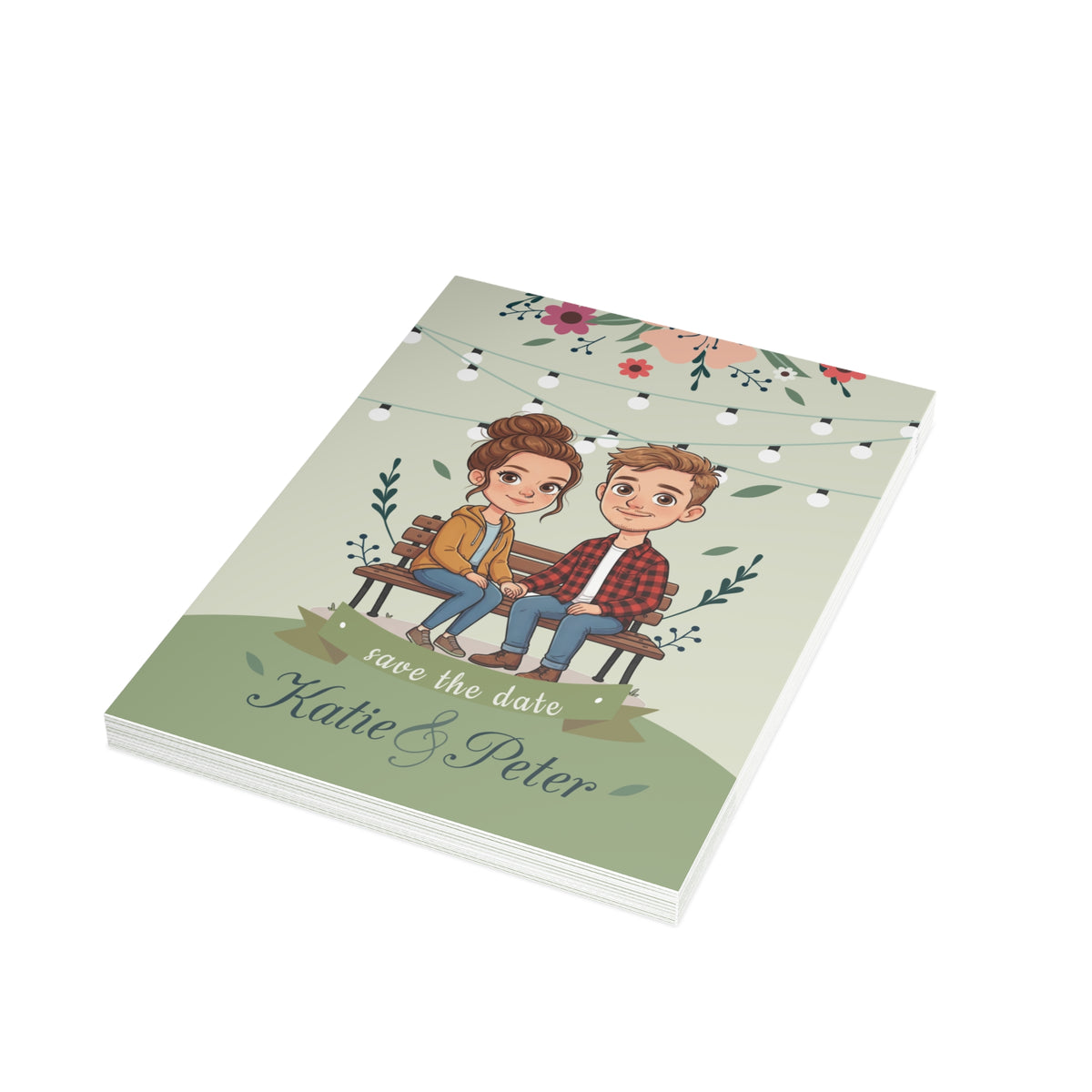 Personalized wedding invitation, bride and groom sitting on a bench
