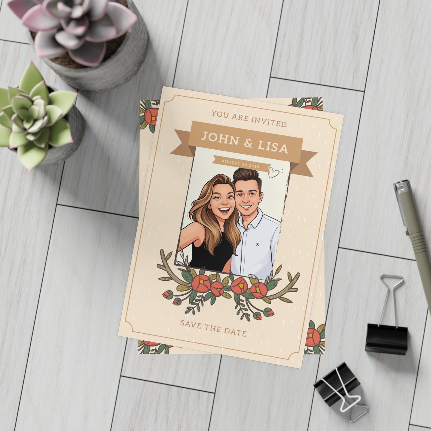 Personalized wedding invitation, bride and groom taking selfies
