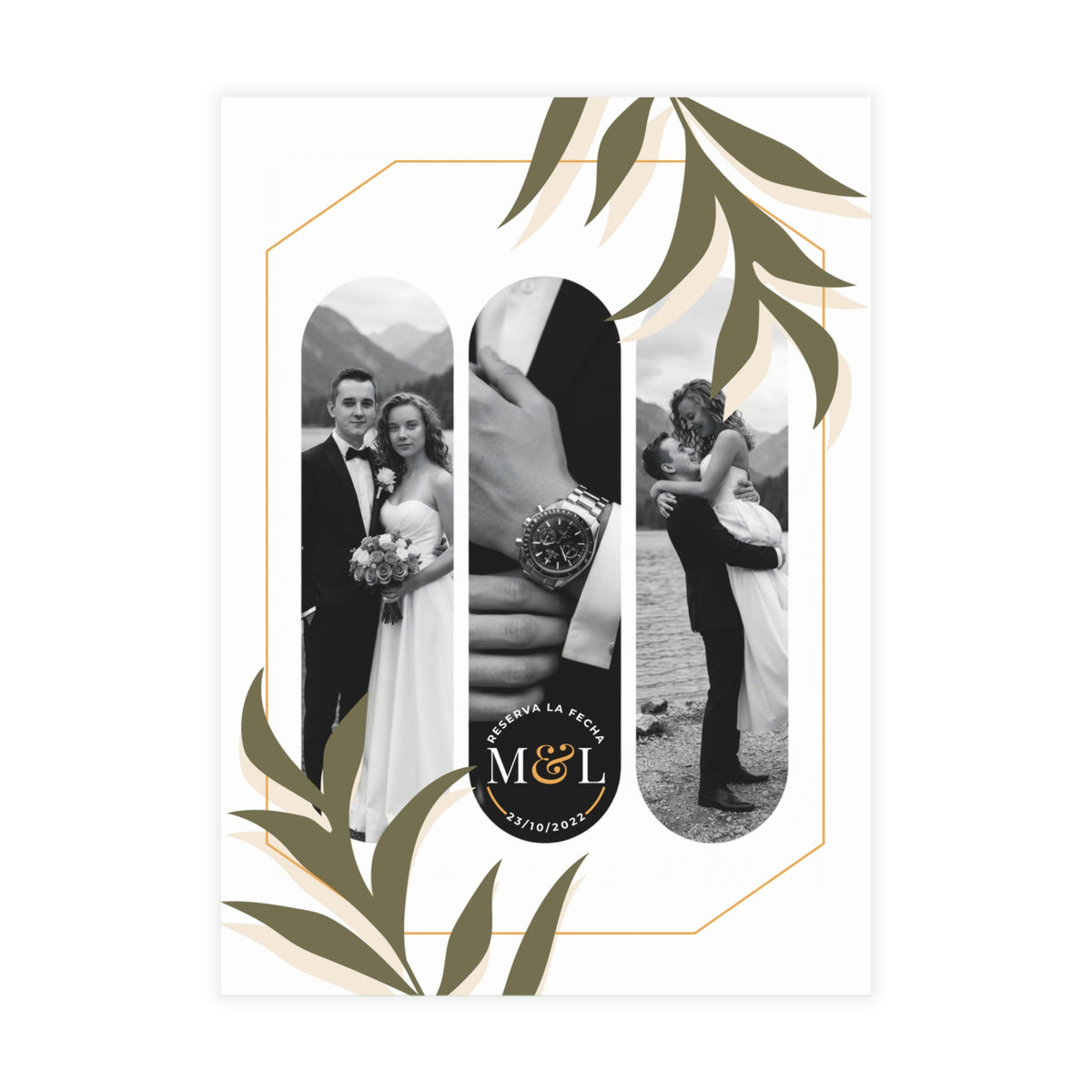 Personalized wedding invitation, black and white bride and groom photo
