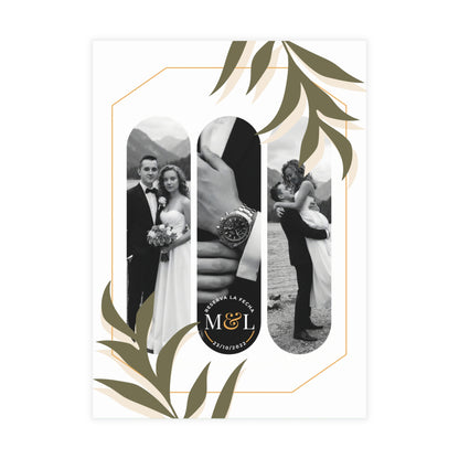 Personalized wedding invitation, black and white bride and groom photo