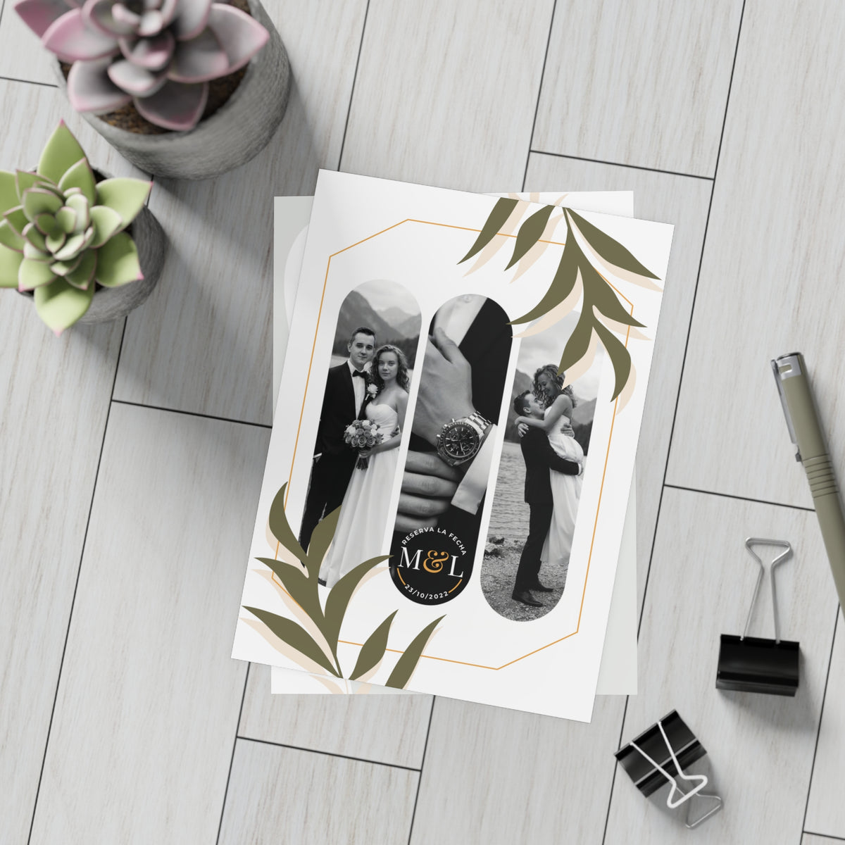 Personalized wedding invitation, black and white bride and groom photo