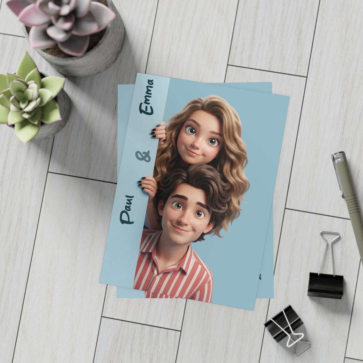Personalized wedding invitations, cartoon characters for the bride and groom
