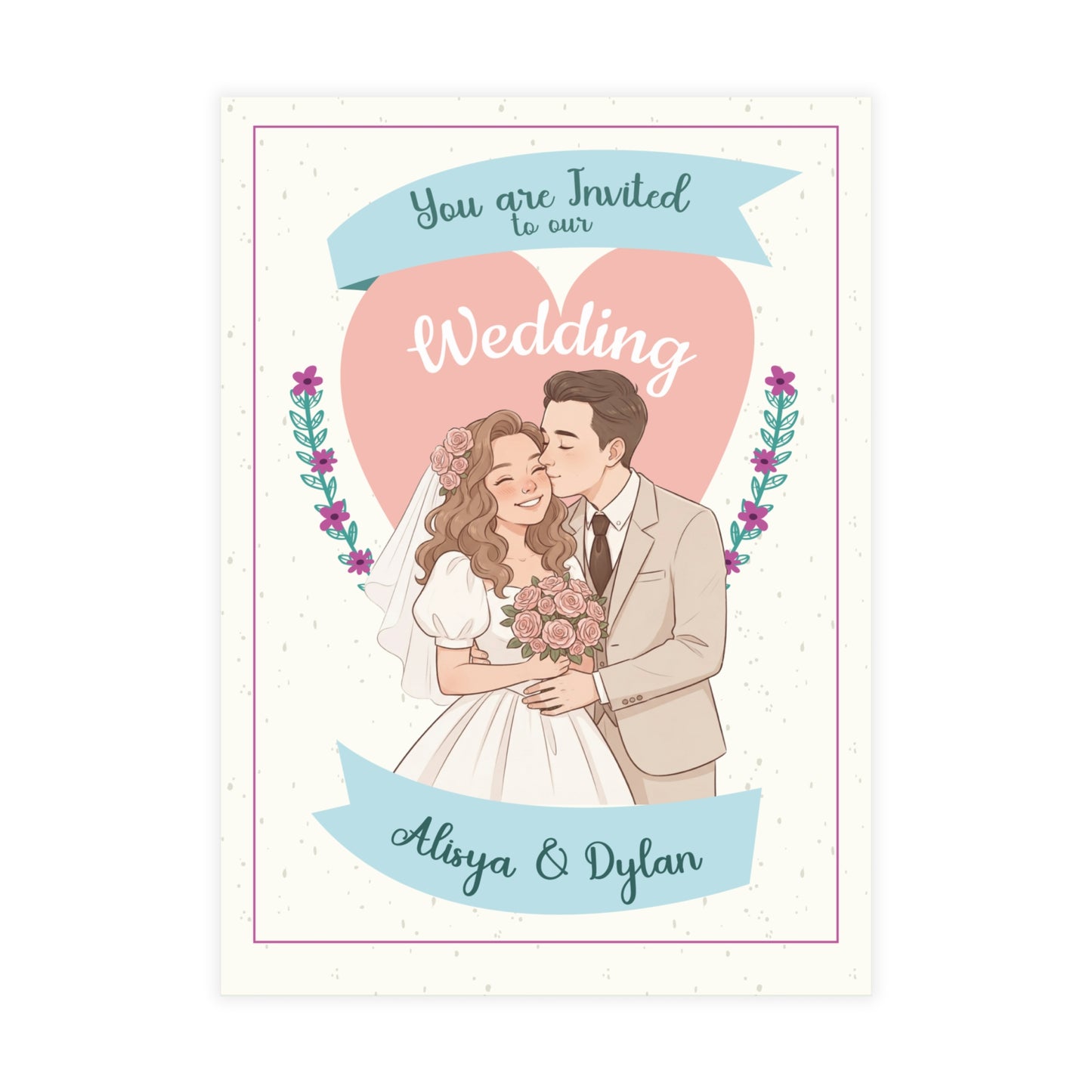 Personalized wedding invitation, fairytale character bride and groom