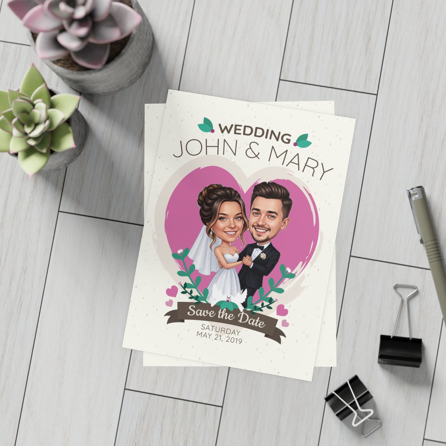 Personalized wedding invitation, caricature of bride and groom