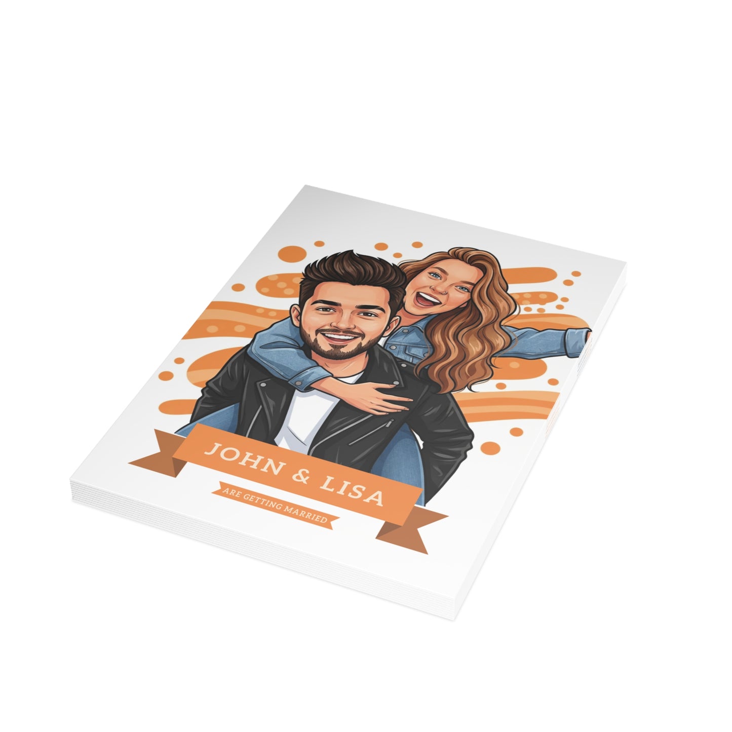 Personalized wedding invitation, bride and groom at the celebration
