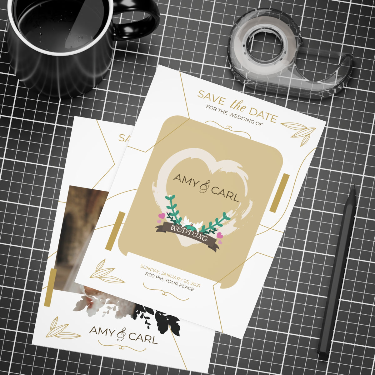 Personalized wedding invitation, bride and groom phone selfie