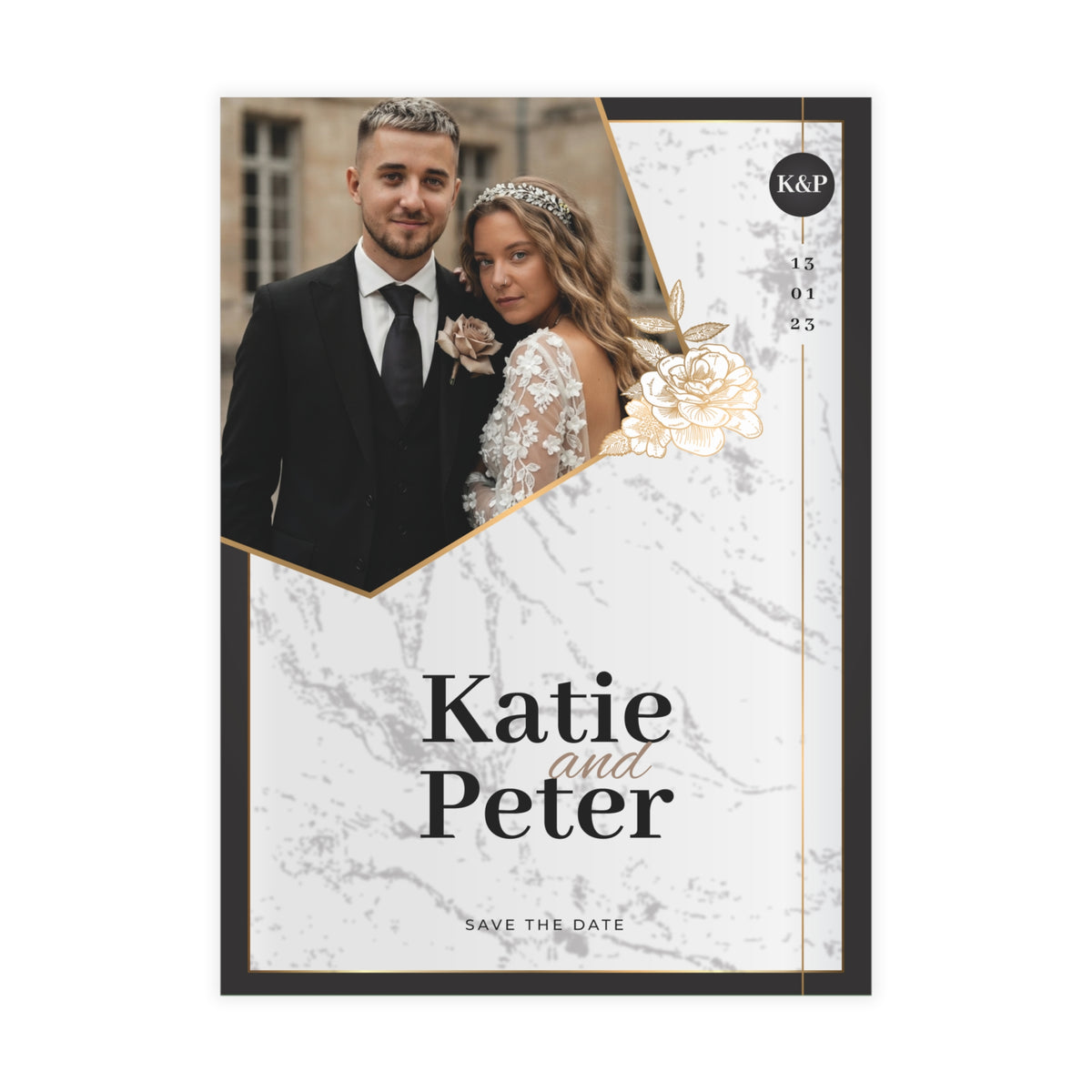 Personalized wedding invitation, bride and groom lifestyle photos