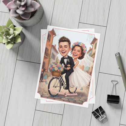 Personalized wedding invitation, bride and groom on bicycles
