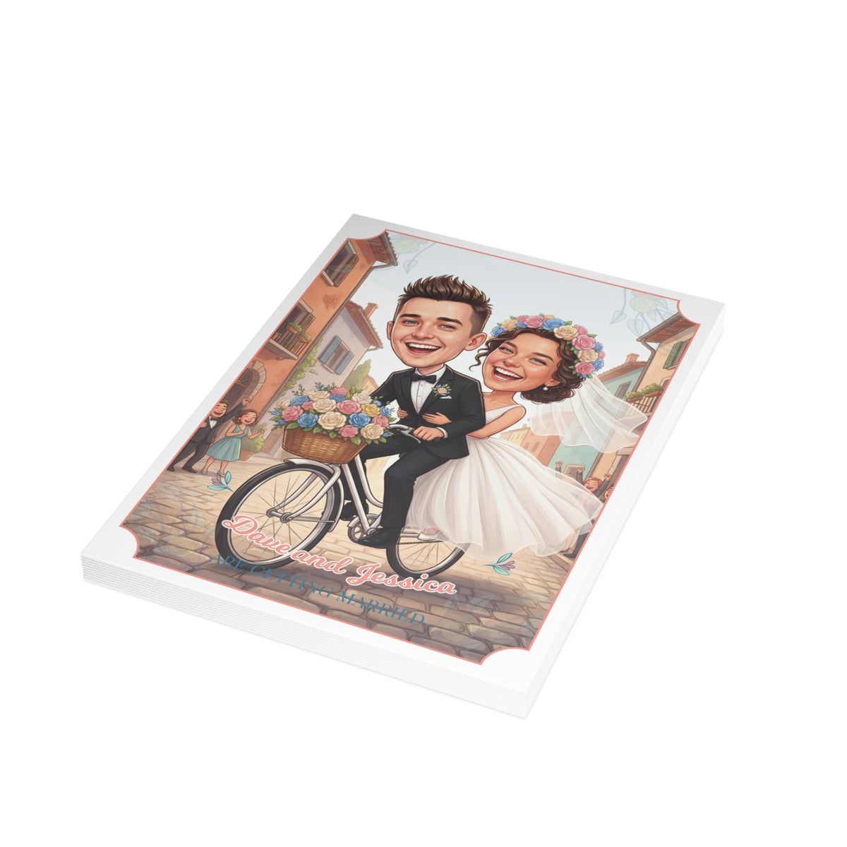 Personalized wedding invitation, bride and groom on bicycles
