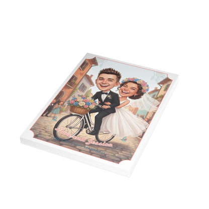 Personalized wedding invitation, bride and groom on bicycles