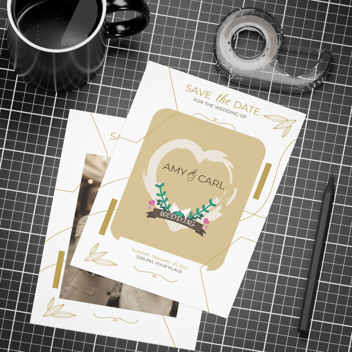 Personalized wedding invitation, bride and groom taking selfies with their phones