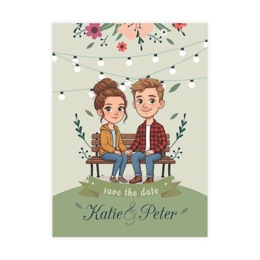Personalized wedding invitation, bride and groom sitting on a bench