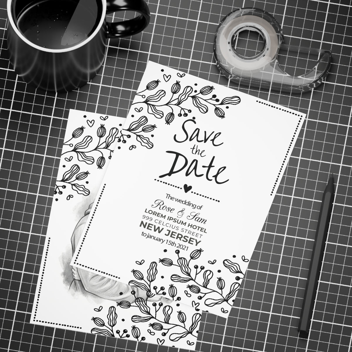Personalized wedding invitation, charcoal drawing of bride and groom