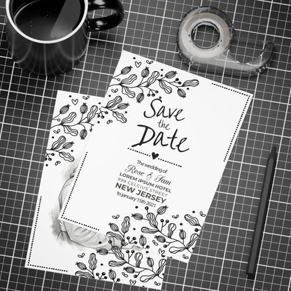 Personalized wedding invitation, charcoal drawing of bride and groom