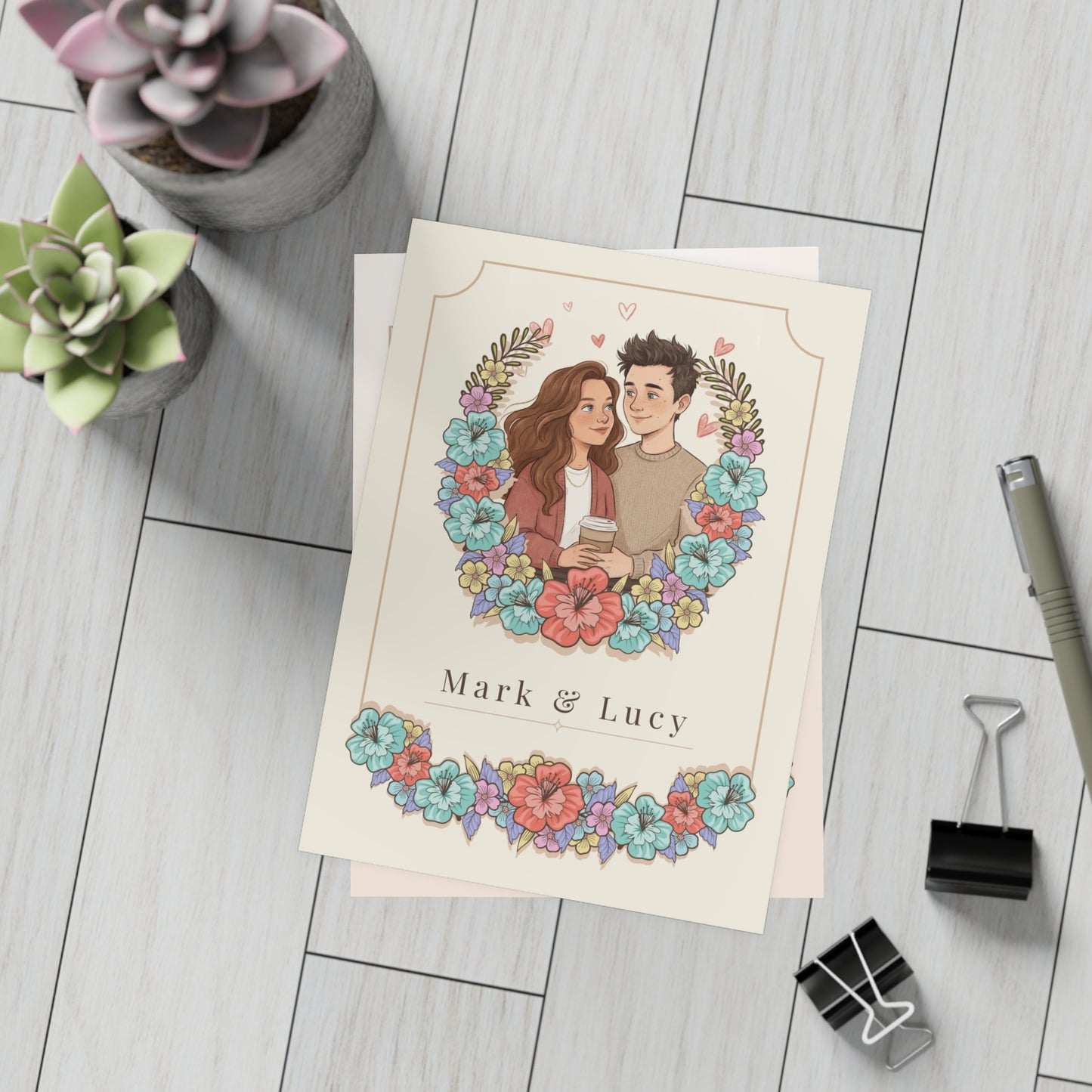 Personalized wedding invitation, coffee and lovers