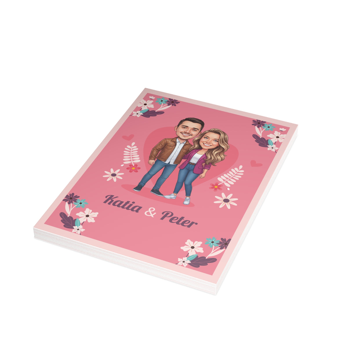 Personalized wedding invitation, bride and groom with pink hearts