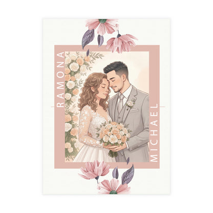 Personalized wedding invitation, bride and groom holding a bouquet of flowers