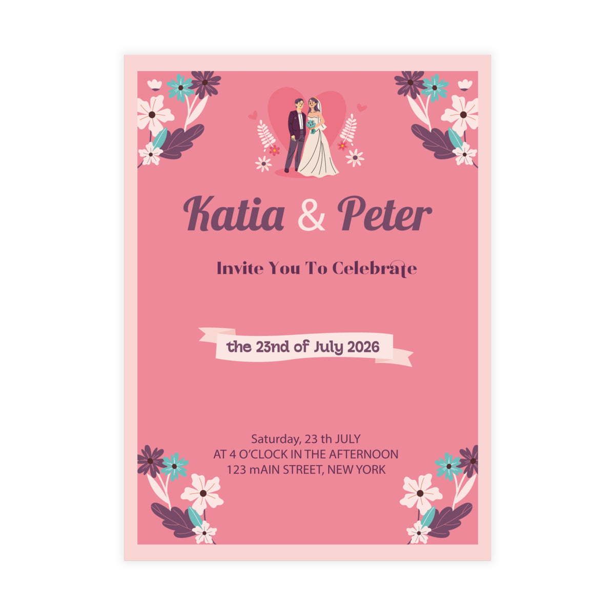 Personalized wedding invitation, bride and groom with pink hearts
