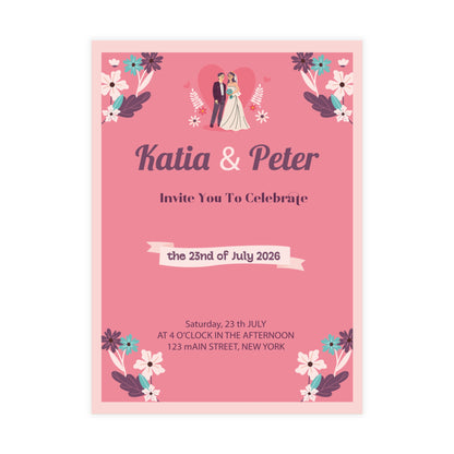 Personalized wedding invitation, bride and groom with pink hearts