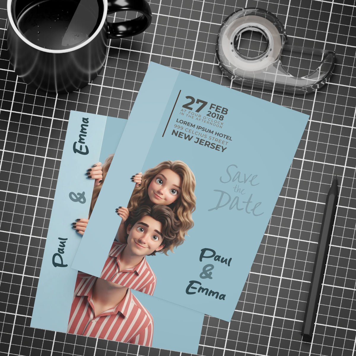 Personalized wedding invitations, cartoon characters for the bride and groom