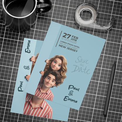 Personalized wedding invitations, cartoon characters for the bride and groom