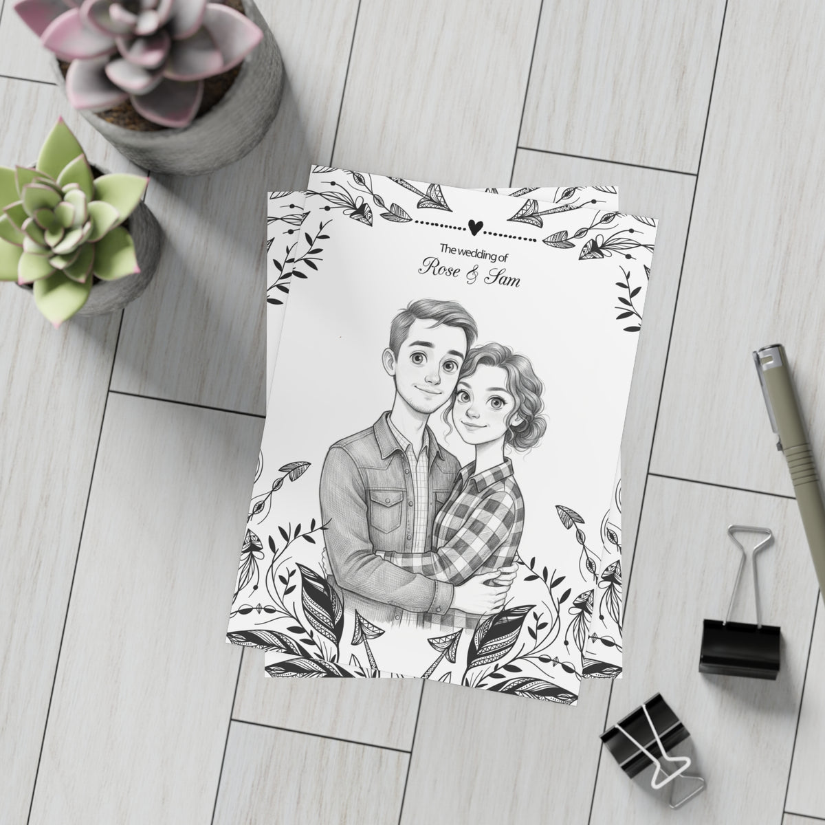 Personalized wedding invitation, charcoal animated drawing of bride and groom