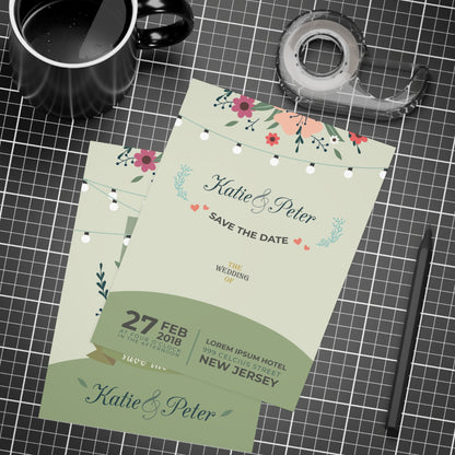 Personalized wedding invitation, bride and groom embracing