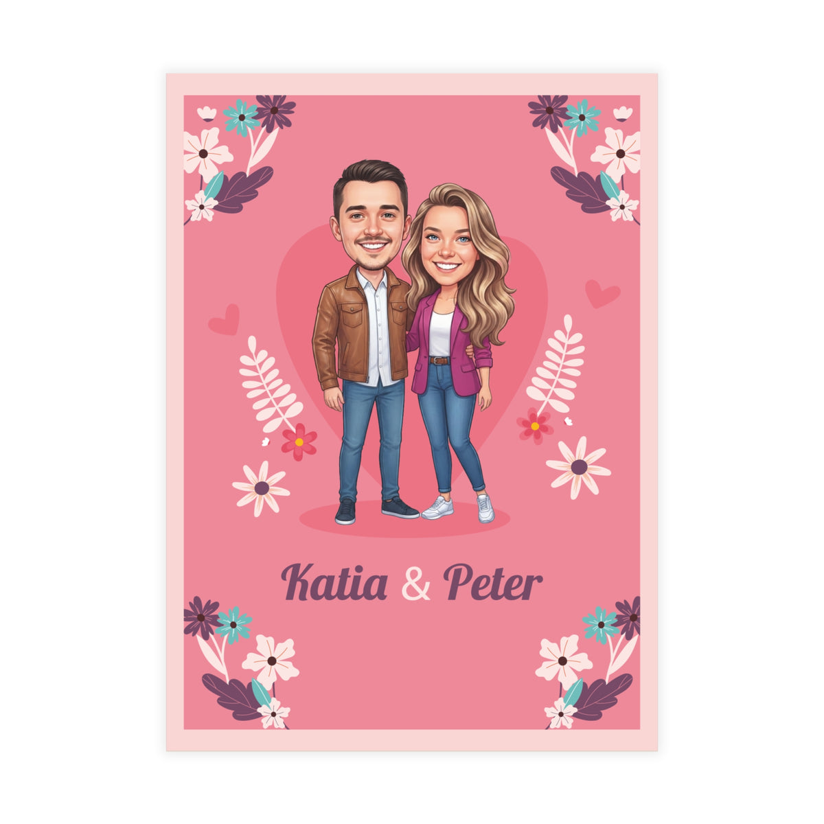 Personalized wedding invitation, bride and groom with pink hearts