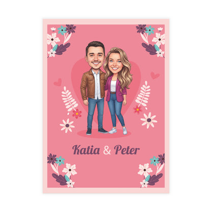 Personalized wedding invitation, bride and groom with pink hearts