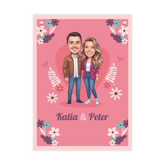 Personalized wedding invitation, bride and groom with pink hearts
