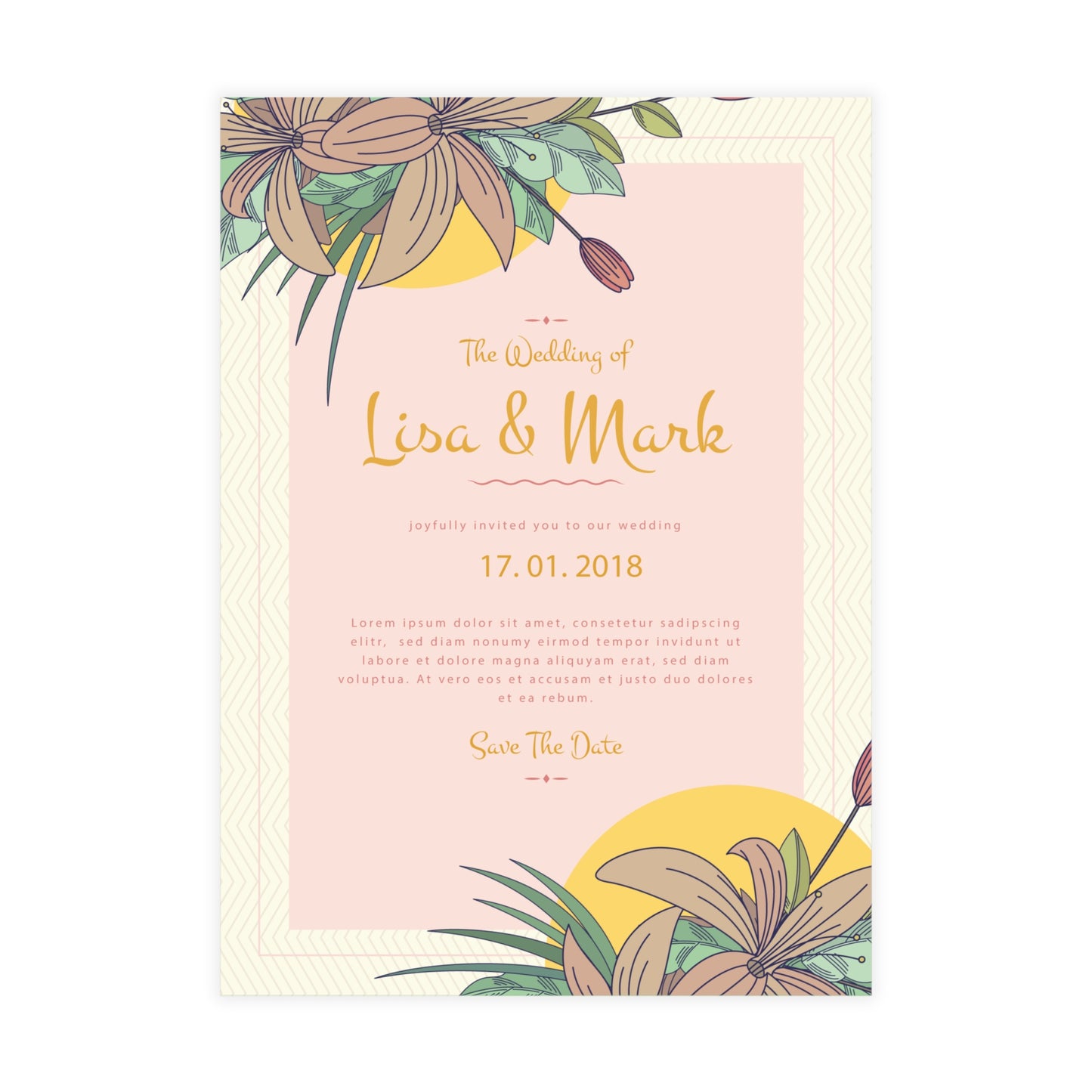 Personalized wedding invitation, bride and groom in the garden of love