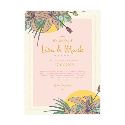 Personalized wedding invitation, bride and groom in the garden of love
