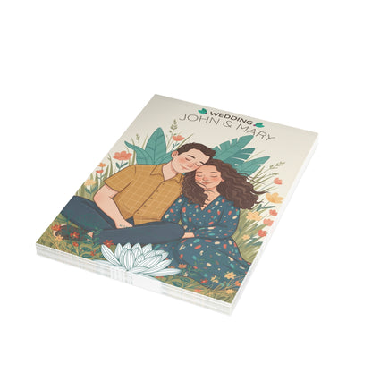 Personalized wedding invitation, bride and groom having a picnic