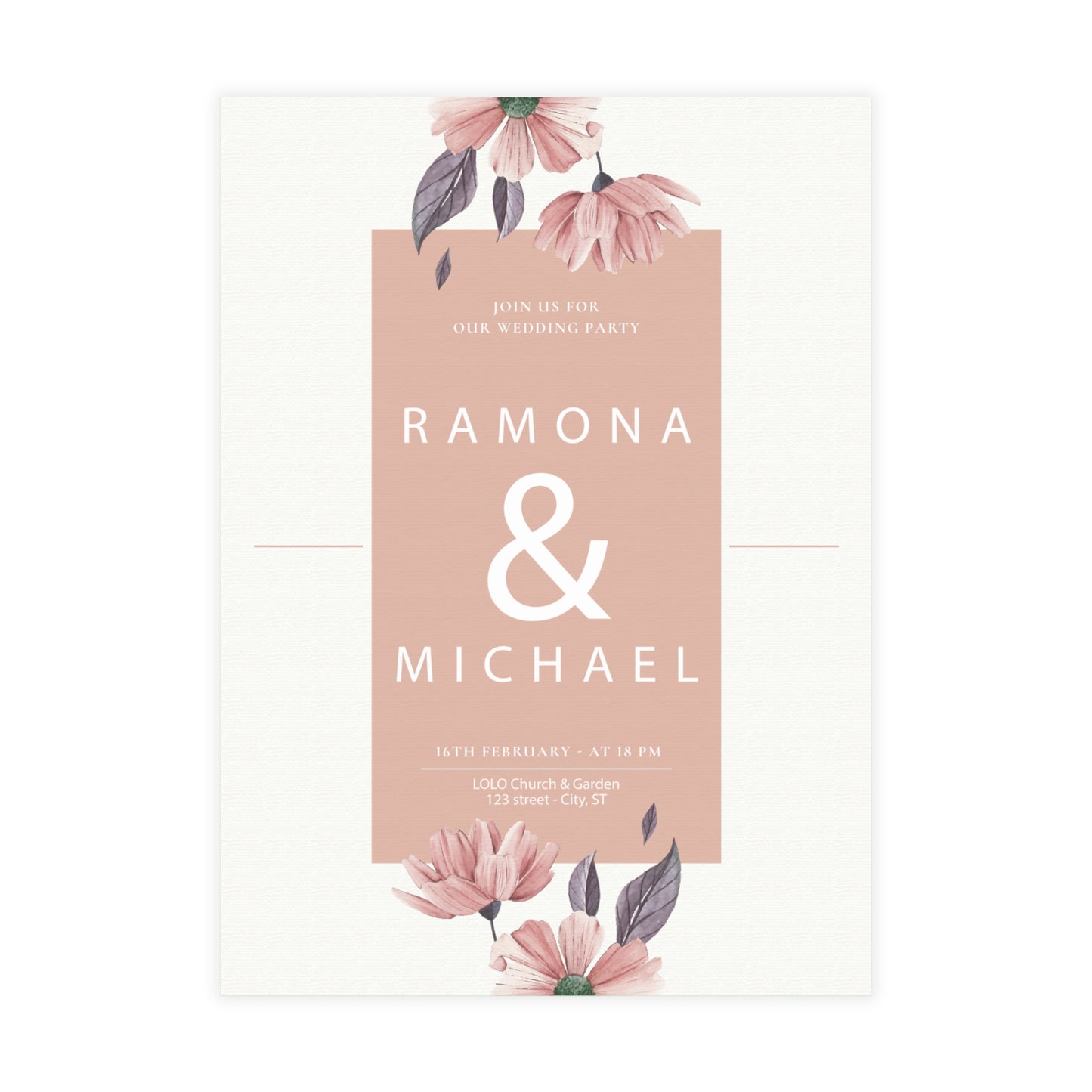 Personalized wedding invitation, bride and groom holding a bouquet of flowers